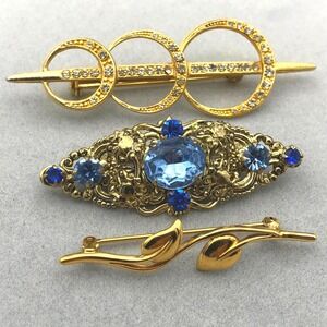 Vintage Brooch Pin Lot Gold Tone Blue Rhinestone MCM Geometric Leaf Vine 3pc